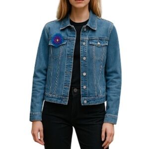 CALVIN KLEIN Blue Light Wash Denim Jean Jacket Crochet Flower Cropped Size S